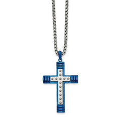Chisel Stainless Steel Polished Blue IP-plated Cross Pendant on a 22 inch Box Chain Necklace
