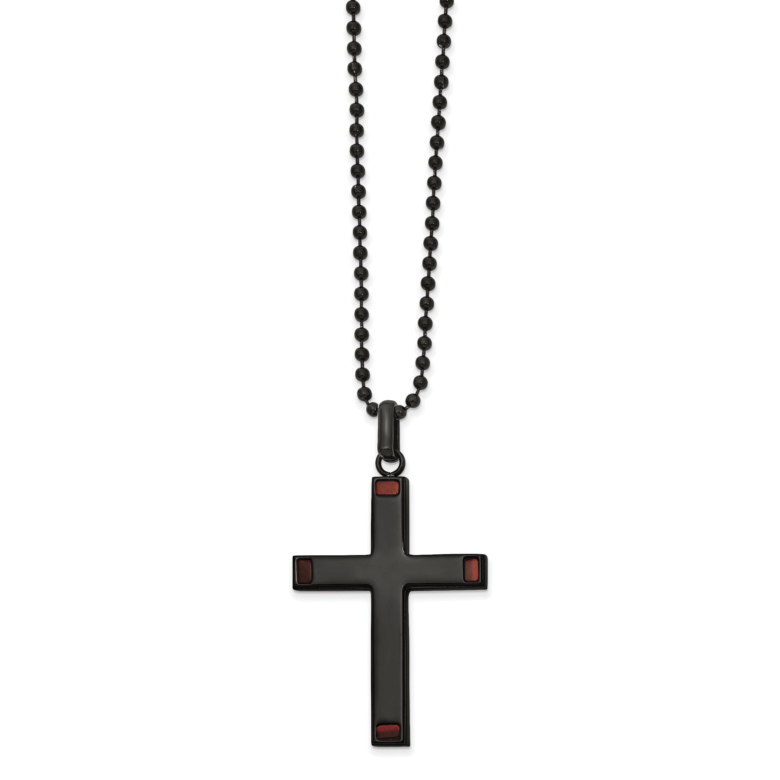 Chisel Stainless Steel Polished Black IP-plated with Tiger's Eye Cross Pendant on a 22 inch Ball Chain Necklace