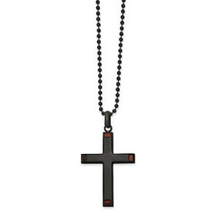 Chisel Stainless Steel Polished Black IP-plated with Tiger's Eye Cross Pendant on a 22 inch Ball Chain Necklace