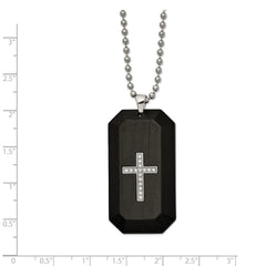 Chisel Stainless Steel Polished Solid Carbon Fiber with CZ Cross Dog Tag on a 24 inch Ball Chain Necklace