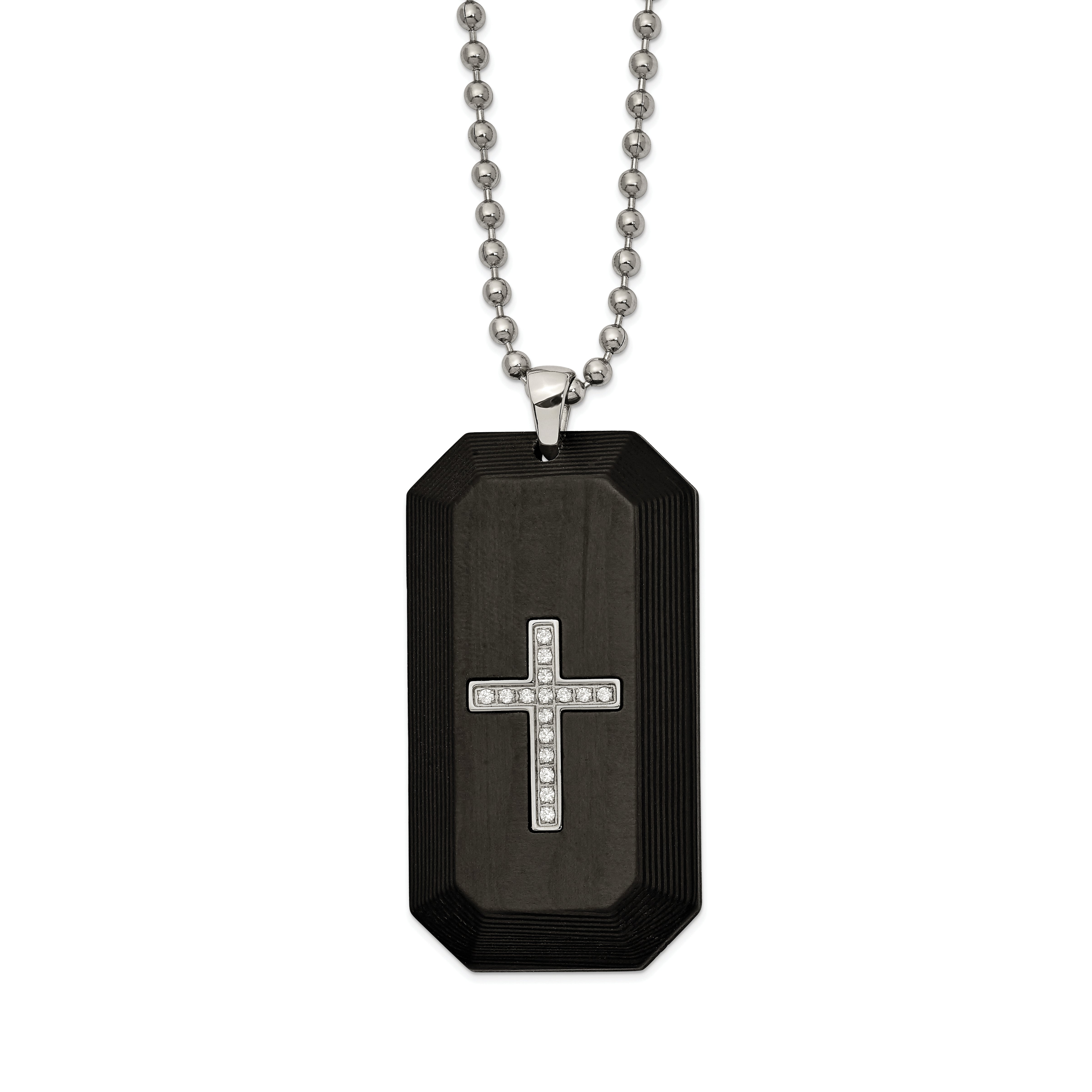 Chisel Stainless Steel Polished Solid Carbon Fiber with CZ Cross Dog Tag on a 24 inch Ball Chain Necklace