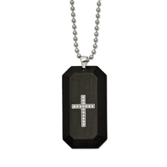 Chisel Stainless Steel Polished Solid Carbon Fiber with CZ Cross Dog Tag on a 24 inch Ball Chain Necklace