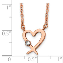 Chisel Stainless Steel Polished Rose IP-plated with Austrian Crystal Heart on a 16 inch Cable Chain with a 2 inch Extension Necklace