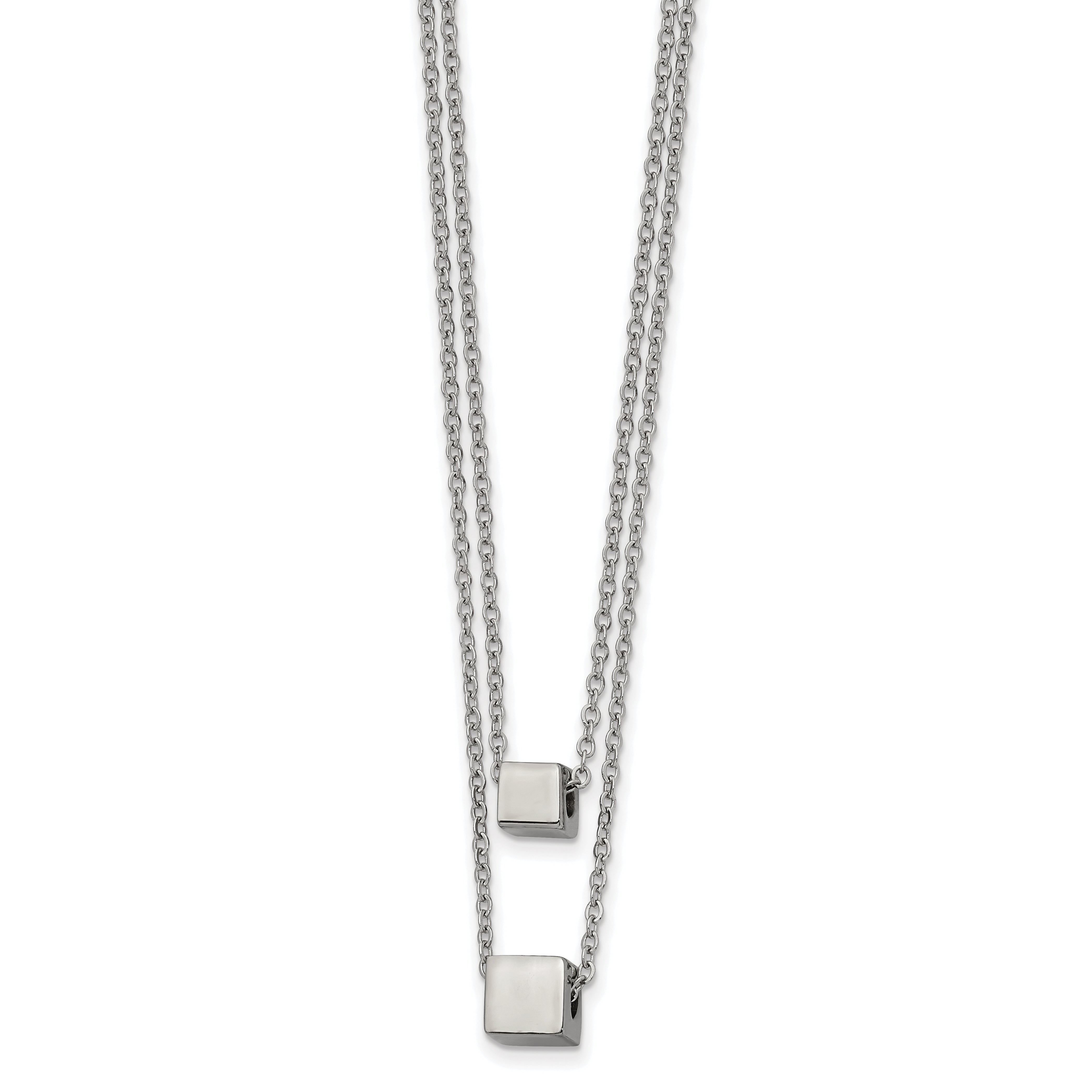 Chisel Stainless Steel Polished Square Beads on a Two Strand 17 inch Cable Chain with a 2 inch Extension Necklace
