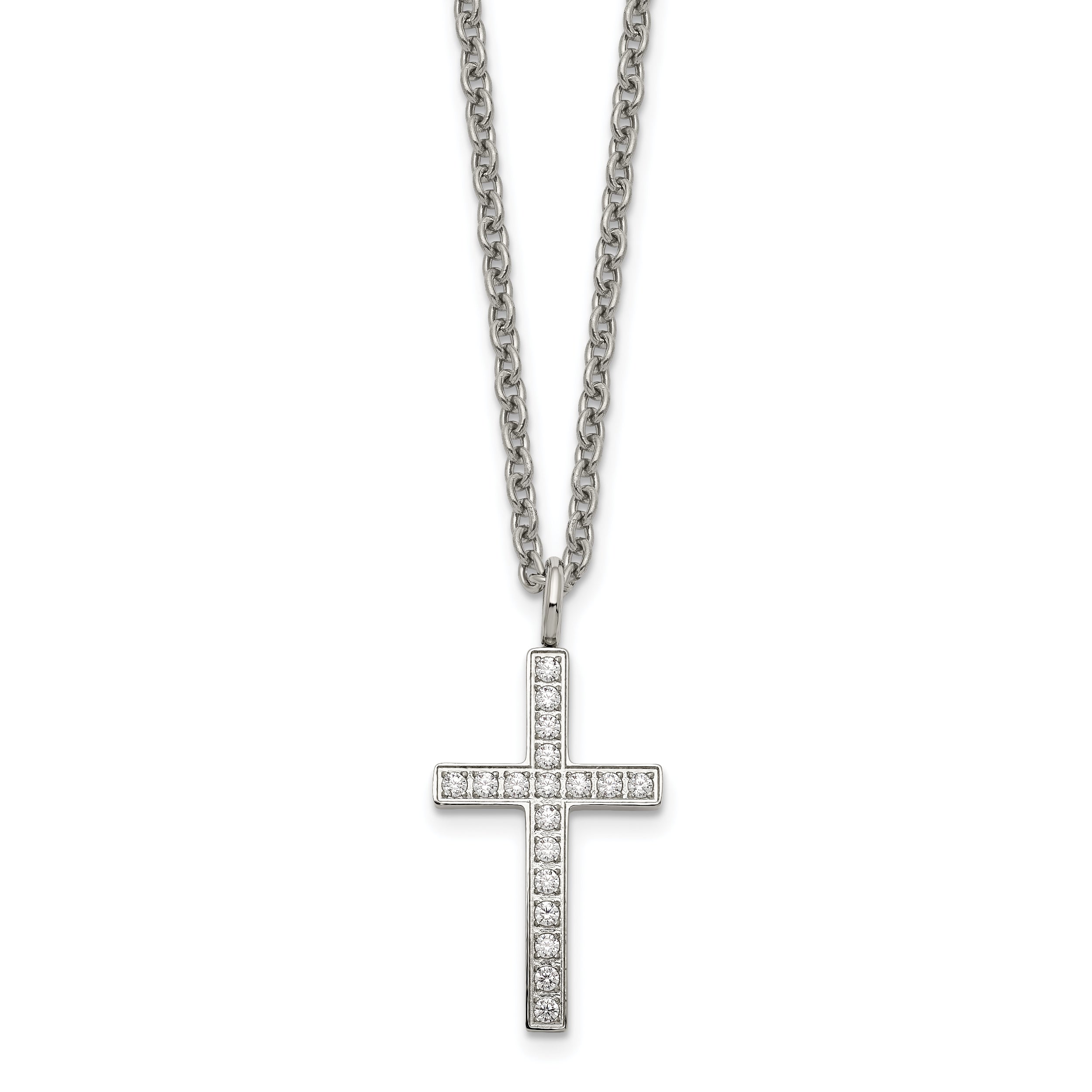 Chisel Stainless Steel Polished CZ Cross Pendant on a 20 inch Cable Chain Necklace
