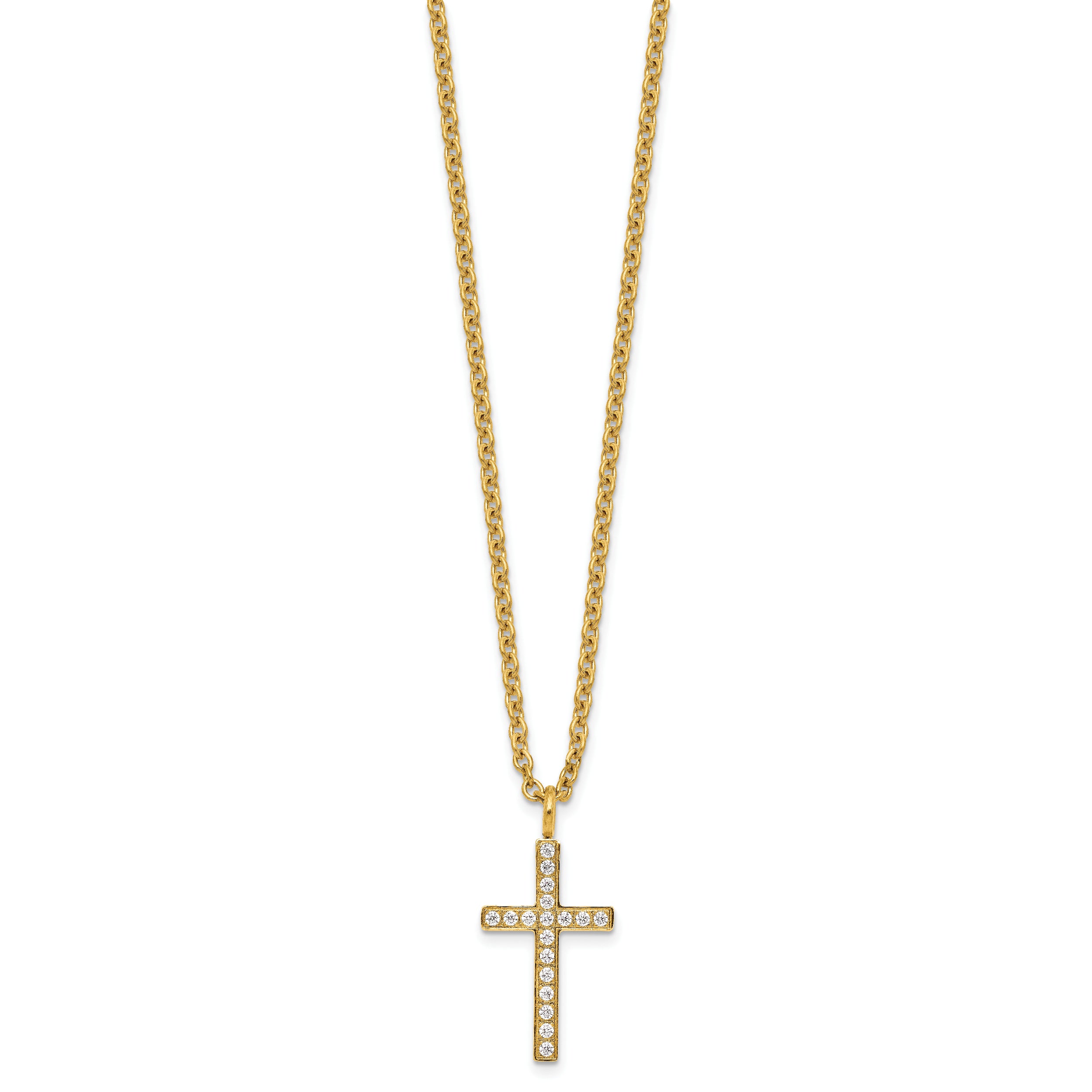Chisel Stainless Steel Polished Yellow IP-plated CZ Cross Pendant on a 20 inch Cable Chain Necklace