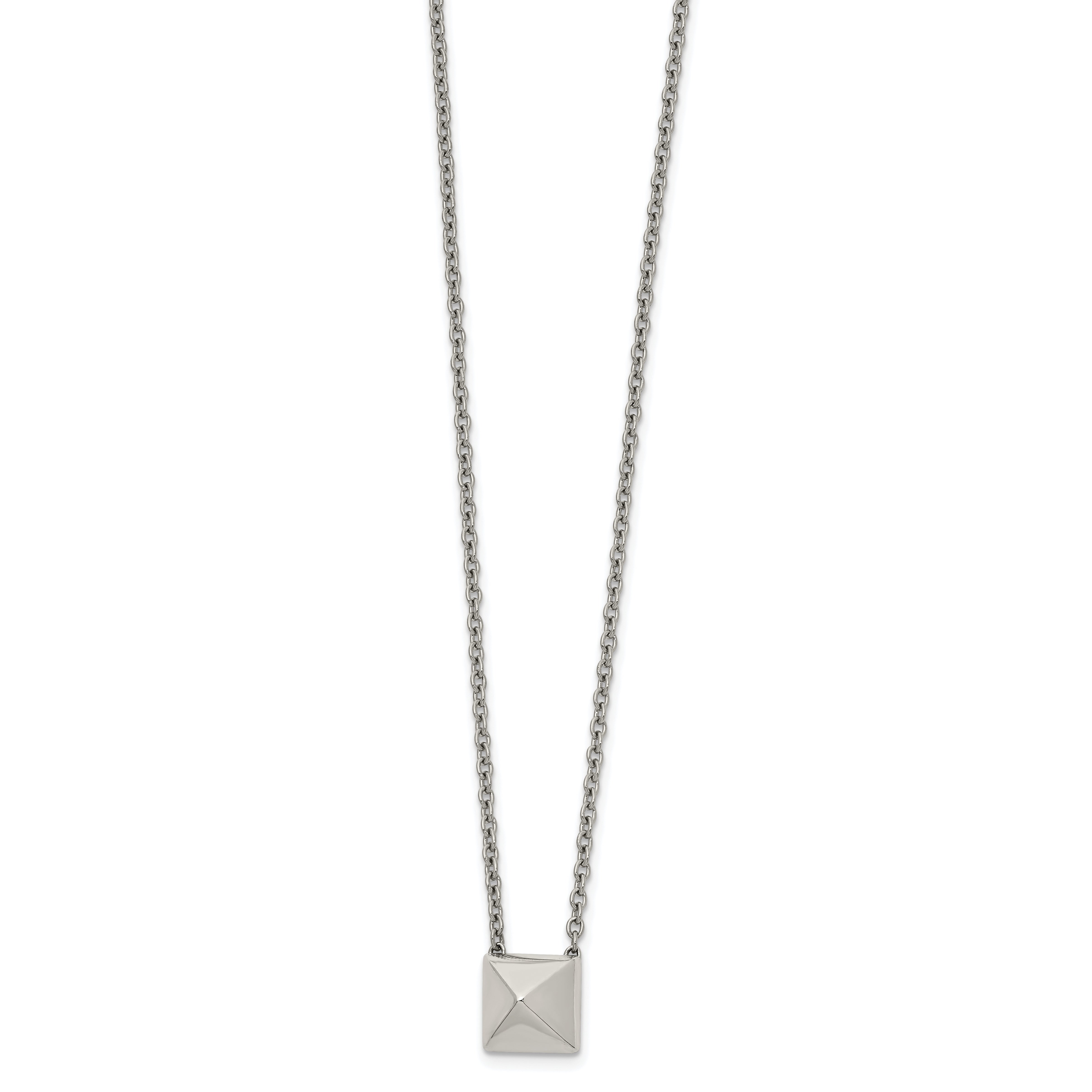 Stainless Steel Polished Pendant Square Stud 16in w/2 in ext Necklace