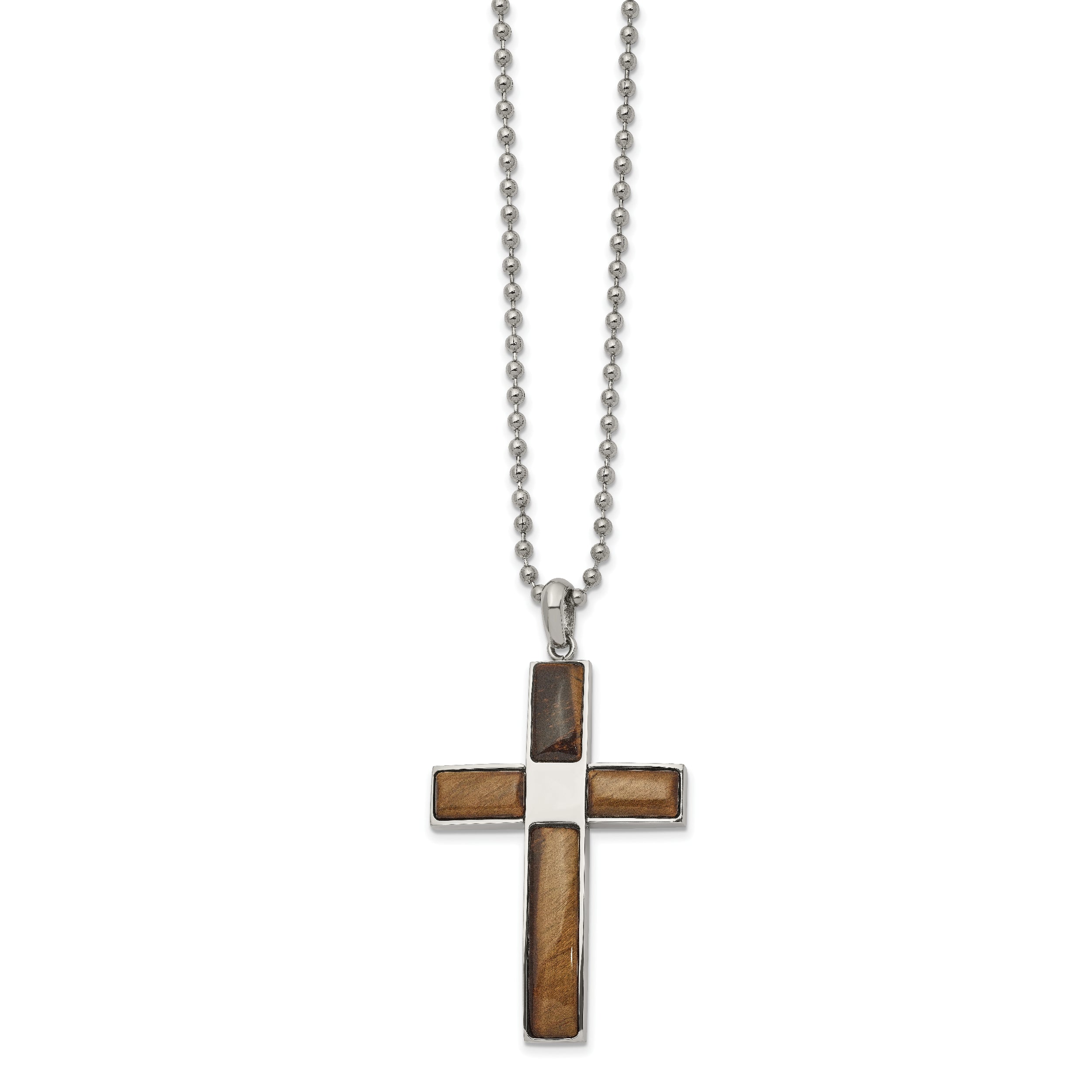 Chisel Stainless Steel Polished with Tiger's Eye Cross Pendant on a 22 inch Ball Chain Necklace
