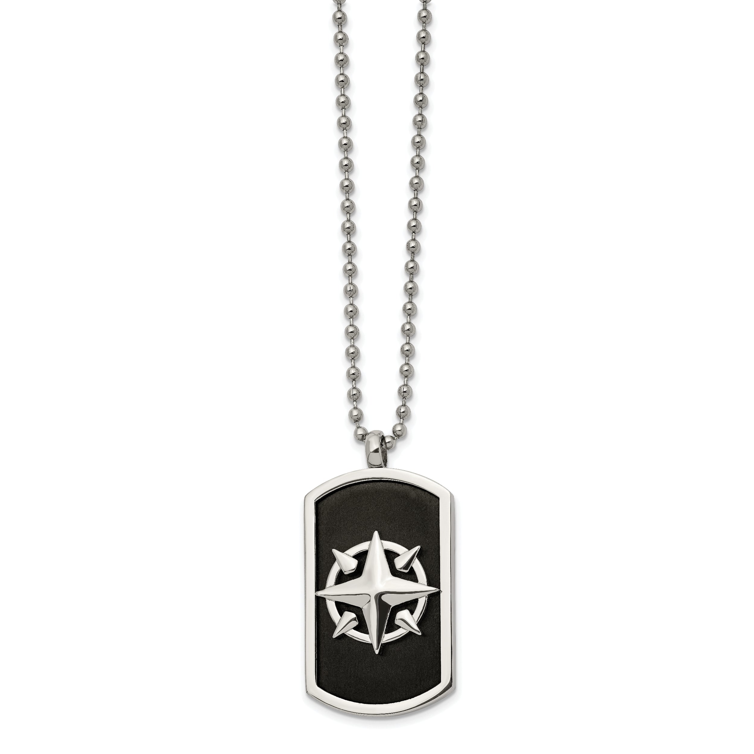 Chisel Stainless Steel Brushed and Polished Black IP-plated Compass Dog Tag on a 24 inch Ball Chain Necklace