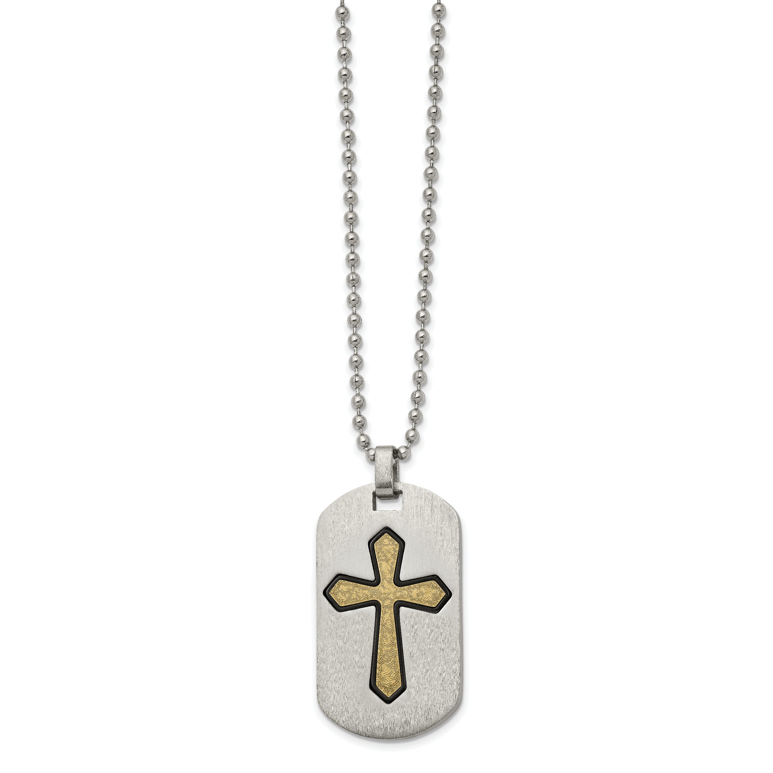 Stainless Steel Brushed & Textured Black/Yellow IP Cross Dog Tag 22in Neckl