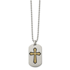 Stainless Steel Brushed & Textured Black/Yellow IP Cross Dog Tag 22in Neckl