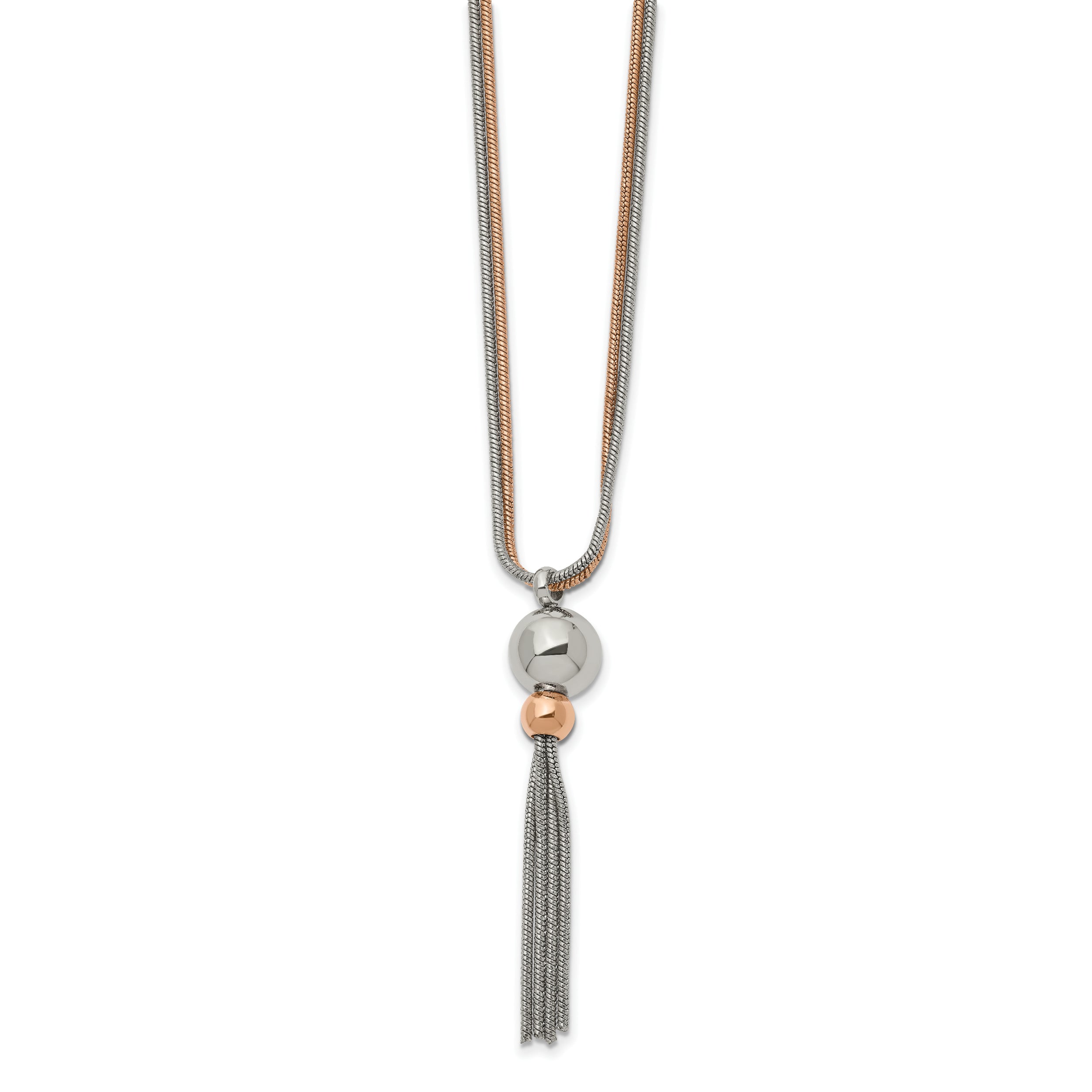 Stainless Steel Polished Rose IP-plated 2-Strand 18.5 inch Tassel Necklace