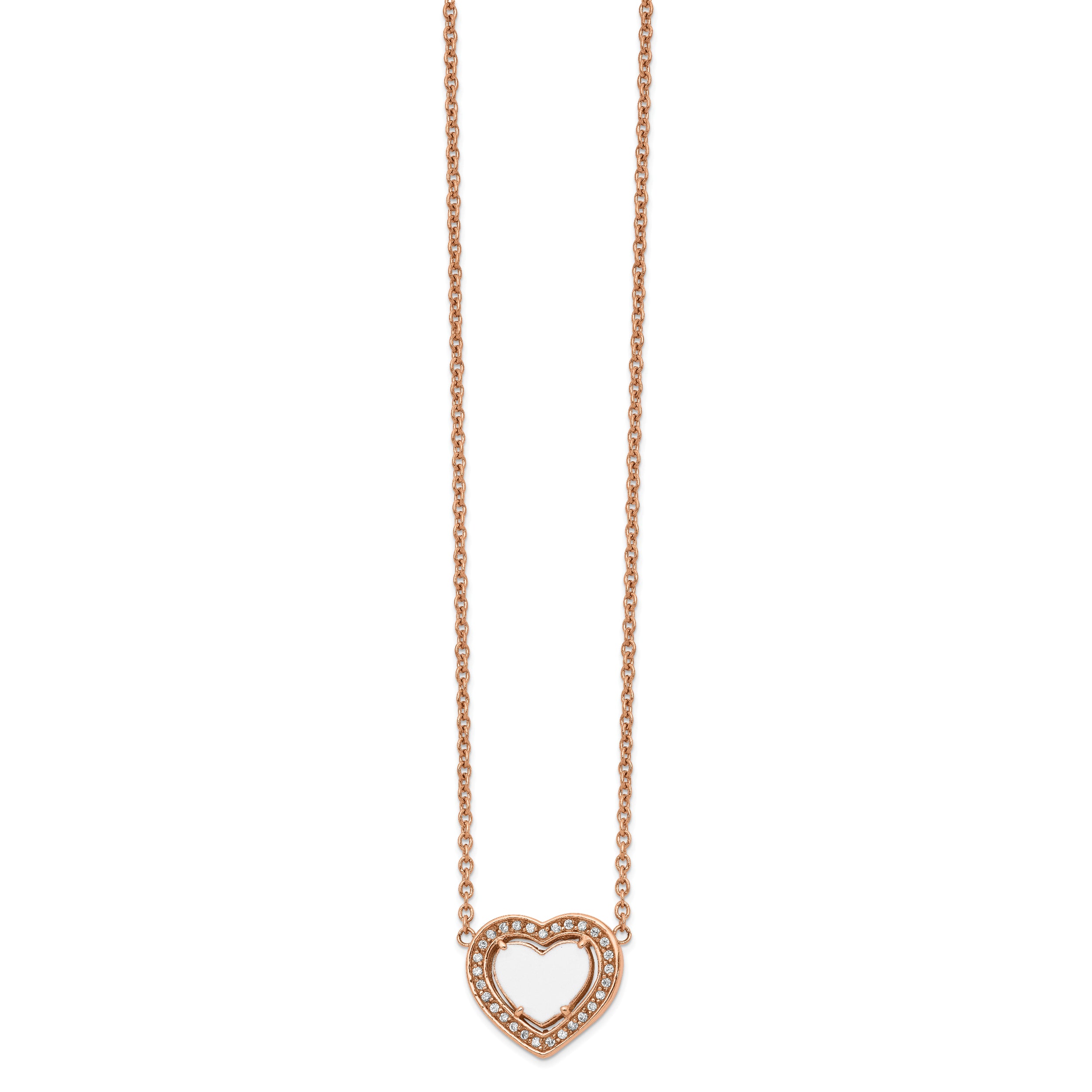 Chisel Stainless Steel Polished Rose IP-plated White Enamel with CZ Heart on a 19 inch Cable Chain with a 2 inch Extension Necklace