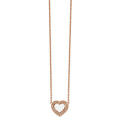 Chisel Stainless Steel Polished Rose IP-plated White Enamel with CZ Heart on a 19 inch Cable Chain with a 2 inch Extension Necklace