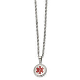 Chisel Stainless Steel Polished with Red Enamel Circle Medical ID Pendant on a 20 inch Curb Chain Necklace