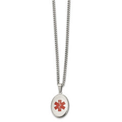 Chisel Stainless Steel Polished with Red Enamel Oval Medical ID Pendant on a 20 inch Curb Chain Necklace