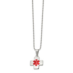 Chisel Stainless Steel Polished with Red Enamel Cross Medical ID Pendant on a 20 inch Ball Chain Necklace