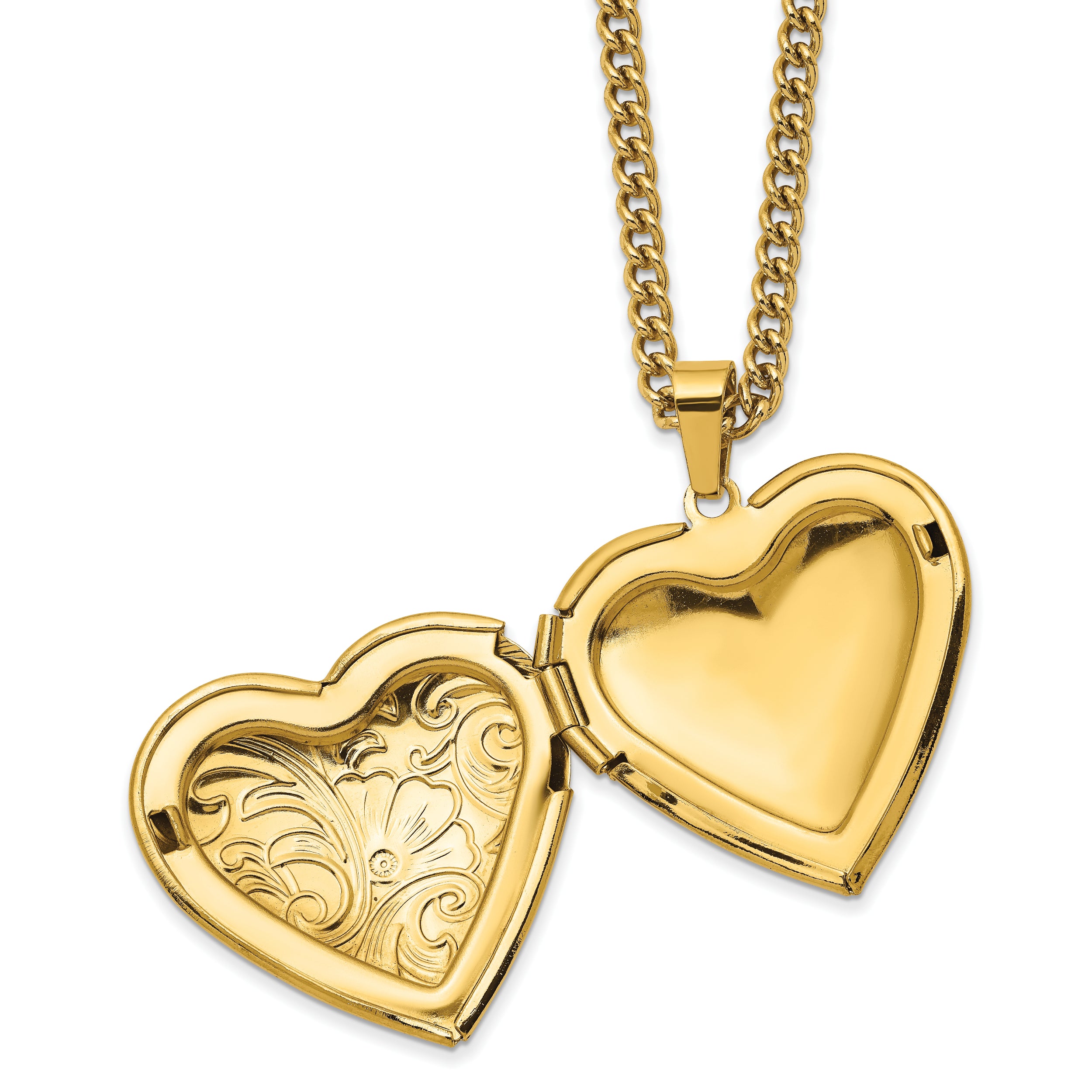 Chisel Stainless Steel Polished Yellow IP-plated Heart Locket on a 24 inch Curb Chain Necklace