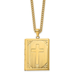 Chisel Stainless Steel Polished Yellow IP-plated Cross Bible Locket Pendant on a 24 inch Curb Chain Necklace