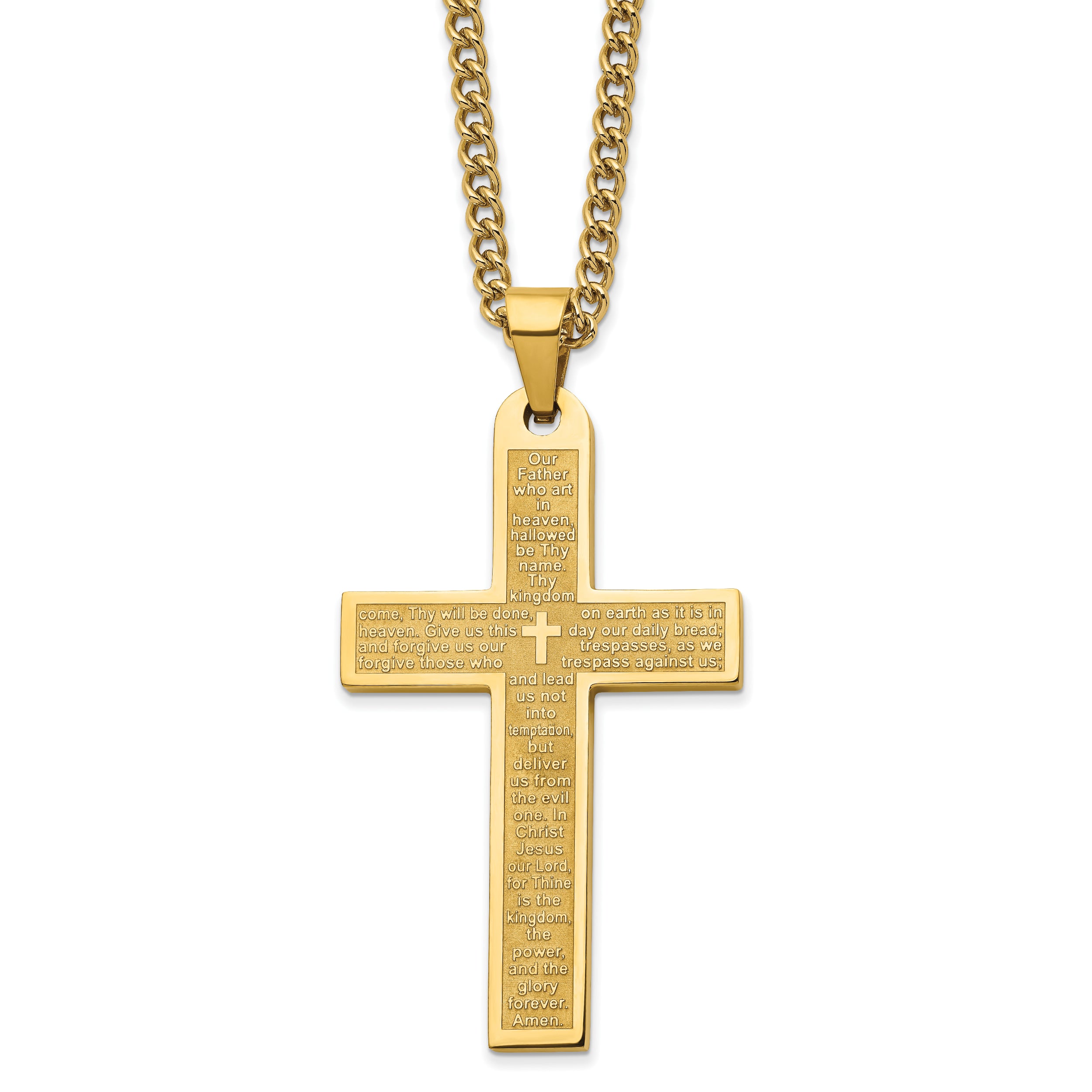 Chisel Stainless Steel Polished Yellow IP-plated Lord's Prayer Cross Pendant on a 24 inch Curb Chain Necklace