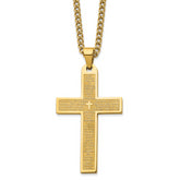 Chisel Stainless Steel Polished Yellow IP-plated Lord's Prayer Cross Pendant on a 24 inch Curb Chain Necklace