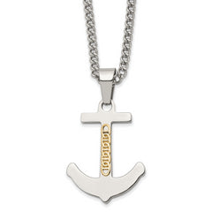 Stainless Steel Polished w/14k Accent Anchor 24in Necklace