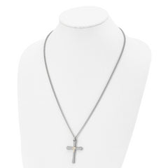 Chisel Stainless Steel Polished with 14k Gold Accent Diamond-cut Cross Pendant on a 24 inch Curb Chain Necklace