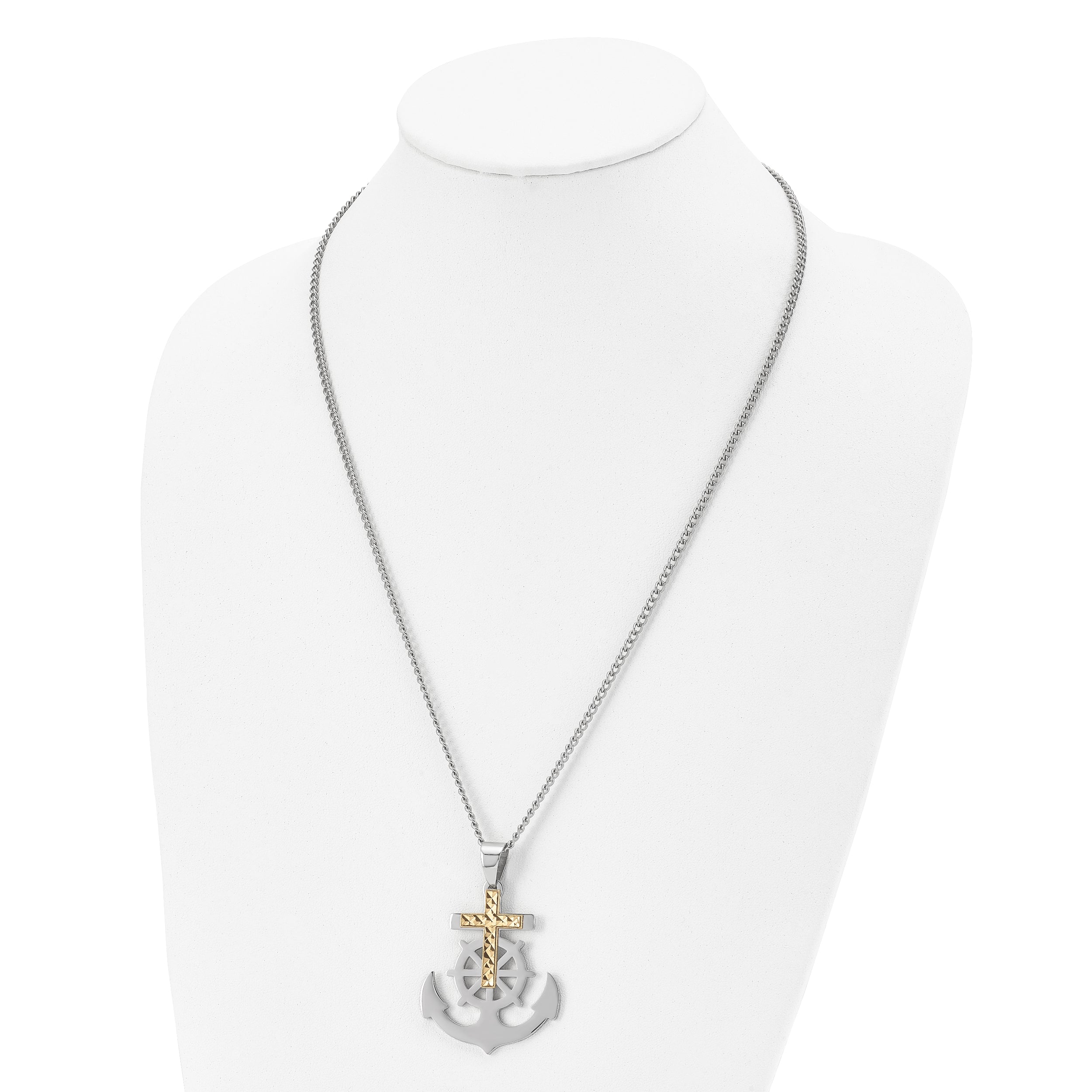 Chisel Stainless Steel Polished Anchor with Yellow IP-plated Diamond cut Cross Pendant on a 24 inch Curb Chain Necklace