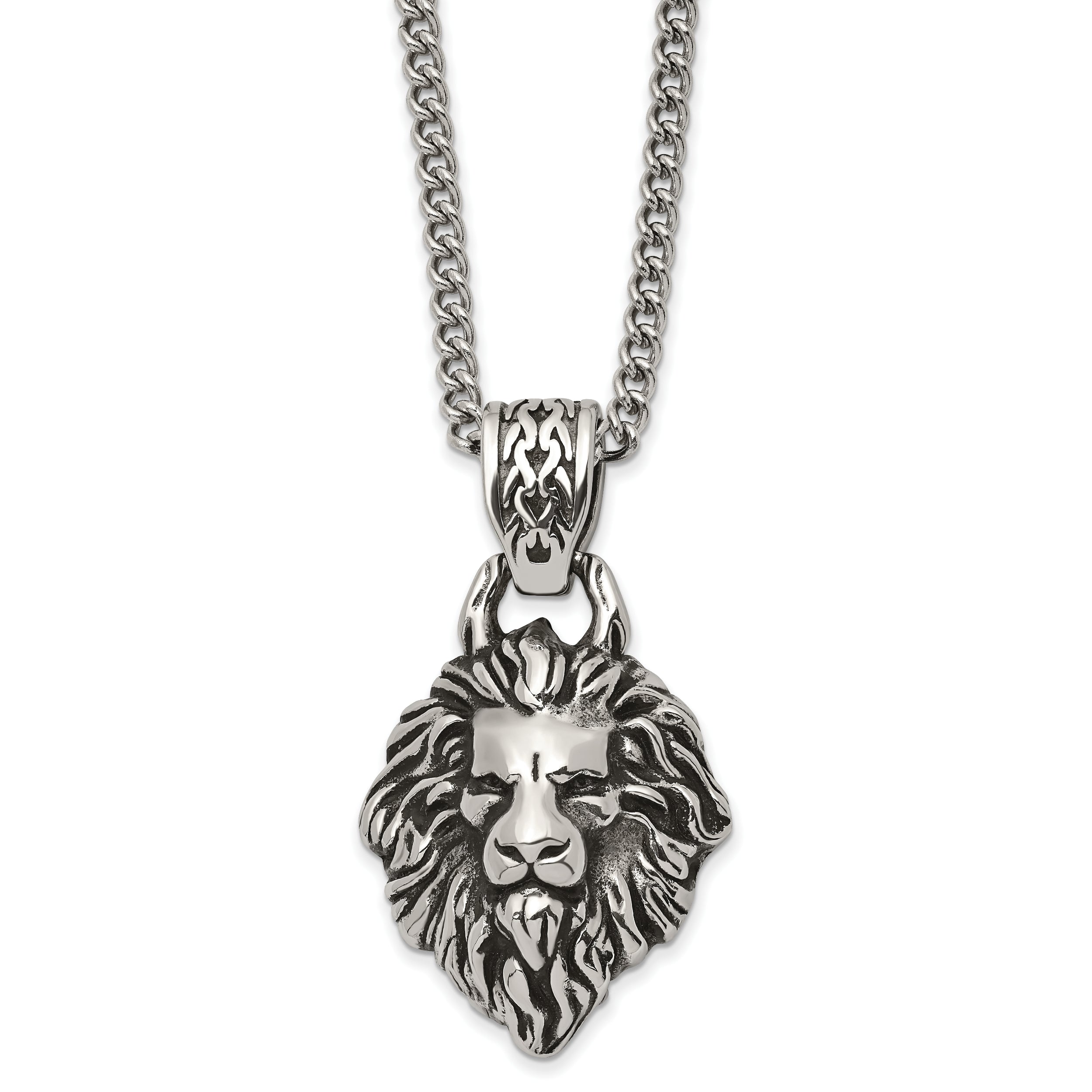 Chisel Stainless Steel Antiqued and Polished Small Lion Head with Swirl Design Pendant on a 24 inch Curb Chain Necklace