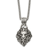 Chisel Stainless Steel Antiqued and Polished Small Lion Head with Swirl Design Pendant on a 24 inch Curb Chain Necklace