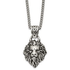 Chisel Stainless Steel Antiqued and Polished Small Lion Head with Swirl Design Pendant on a 24 inch Curb Chain Necklace
