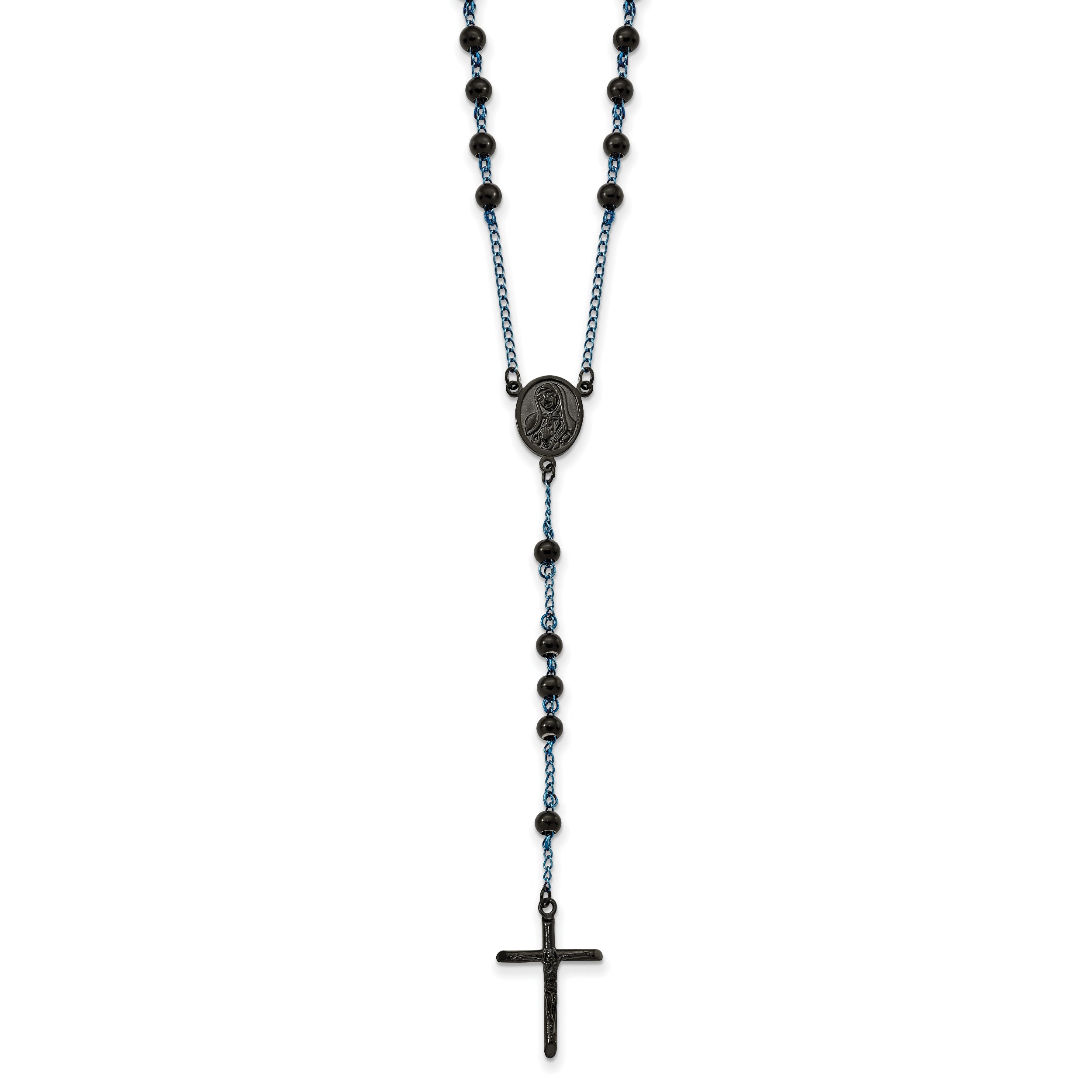 Chisel Stainless Steel Polished Black and Blue IP-plated 30 inch Rosary Necklace