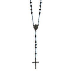 Chisel Stainless Steel Polished Black and Blue IP-plated 30 inch Rosary Necklace