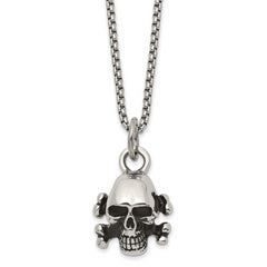 Chisel Stainless Steel Antiqued and Polished Skull and Cross Bones Pendant on a 24 inch Box Chain Necklace
