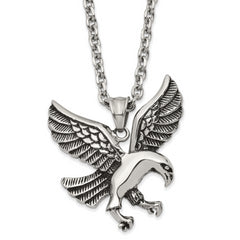 Chisel Stainless Steel Antiqued and Polished Eagle Pendant on a 25.5 inch Cable Necklace