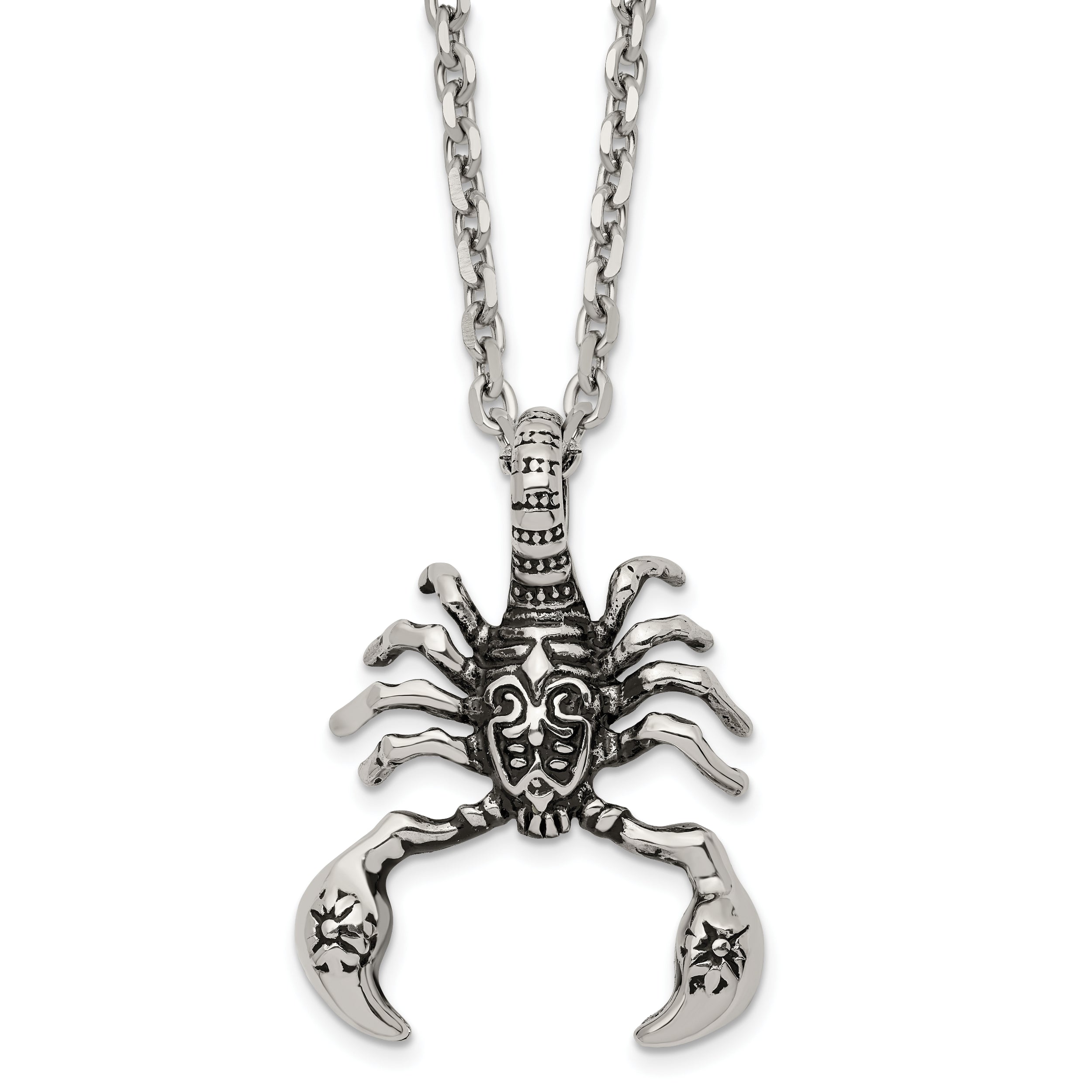 Chisel Stainless Steel Antiqued and Polished Scorpion Pendant on a 24 inch Cable Chain Necklace