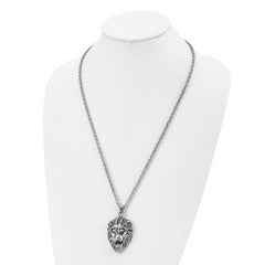 Chisel Stainless Steel Antiqued and Polished Large Lion's Head Pendant on a 24 inch Curb Chain Necklace
