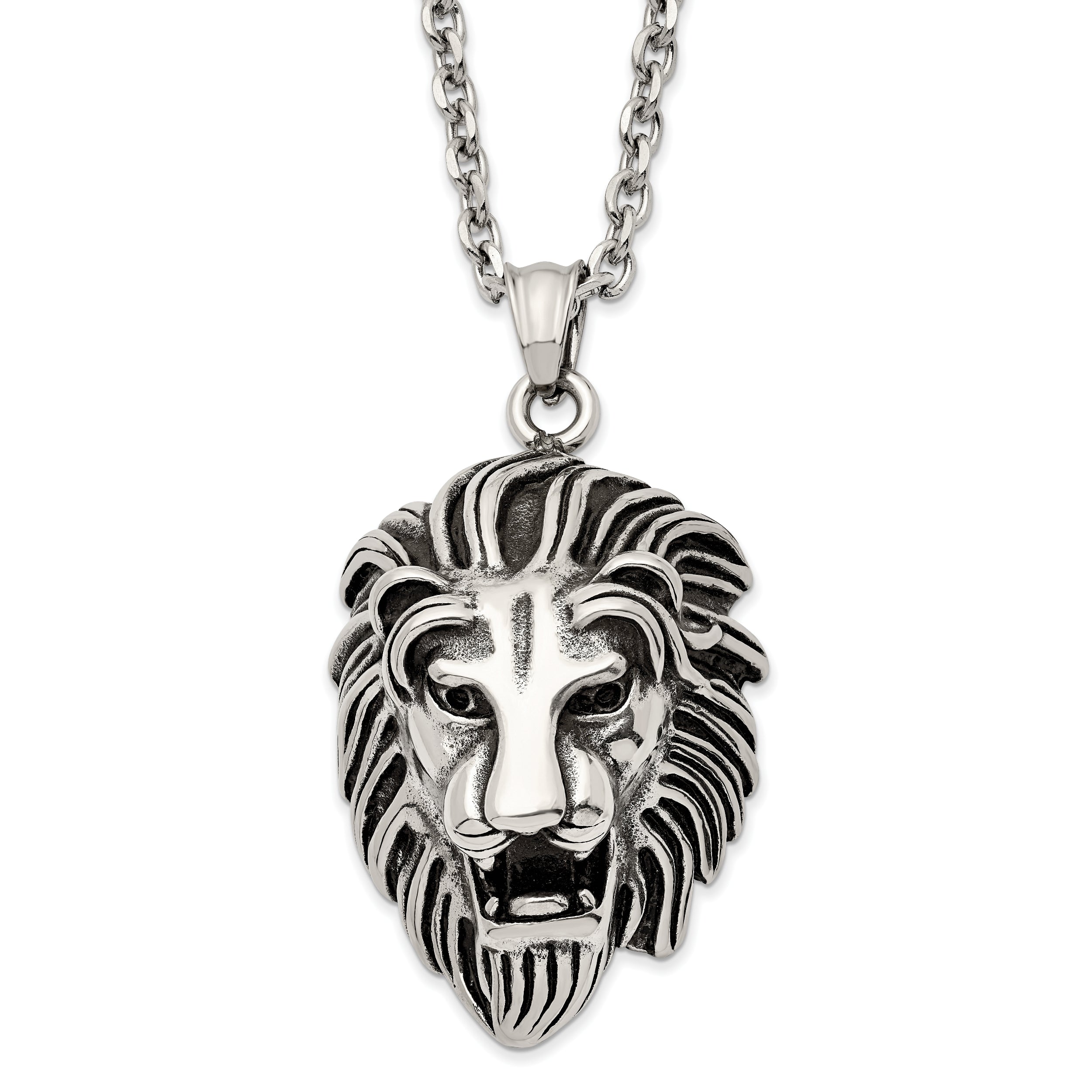 Chisel Stainless Steel Antiqued and Polished Large Lion's Head Pendant on a 24 inch Curb Chain Necklace
