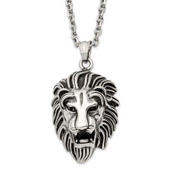 Chisel Stainless Steel Antiqued and Polished Large Lion's Head Pendant on a 24 inch Curb Chain Necklace
