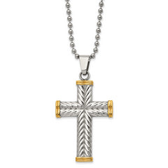 Chisel Stainless Steel Polished and Textured Yellow IP-plated Cross Pendant on a 22 inch Ball Chain Necklace