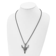 Chisel Stainless Steel Antiqued and Polished Bull Skull Pendant on a 24 inch Box Chain Necklace
