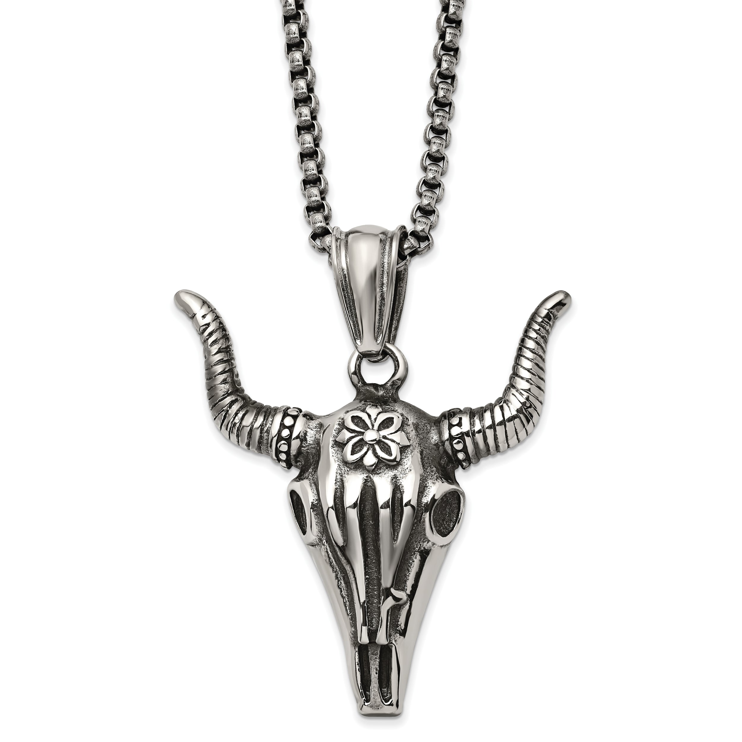 Chisel Stainless Steel Antiqued and Polished Bull Skull Pendant on a 24 inch Box Chain Necklace