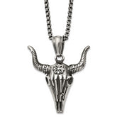 Chisel Stainless Steel Antiqued and Polished Bull Skull Pendant on a 24 inch Box Chain Necklace