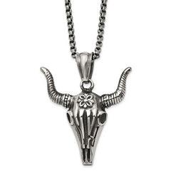 Chisel Stainless Steel Antiqued and Polished Bull Skull Pendant on a 24 inch Box Chain Necklace