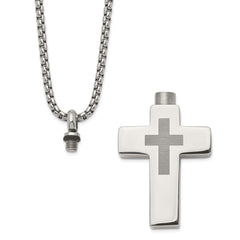 Chisel Stainless Steel Polished and Lasered Cross Ash Holder on a 24in Box Chain Necklace