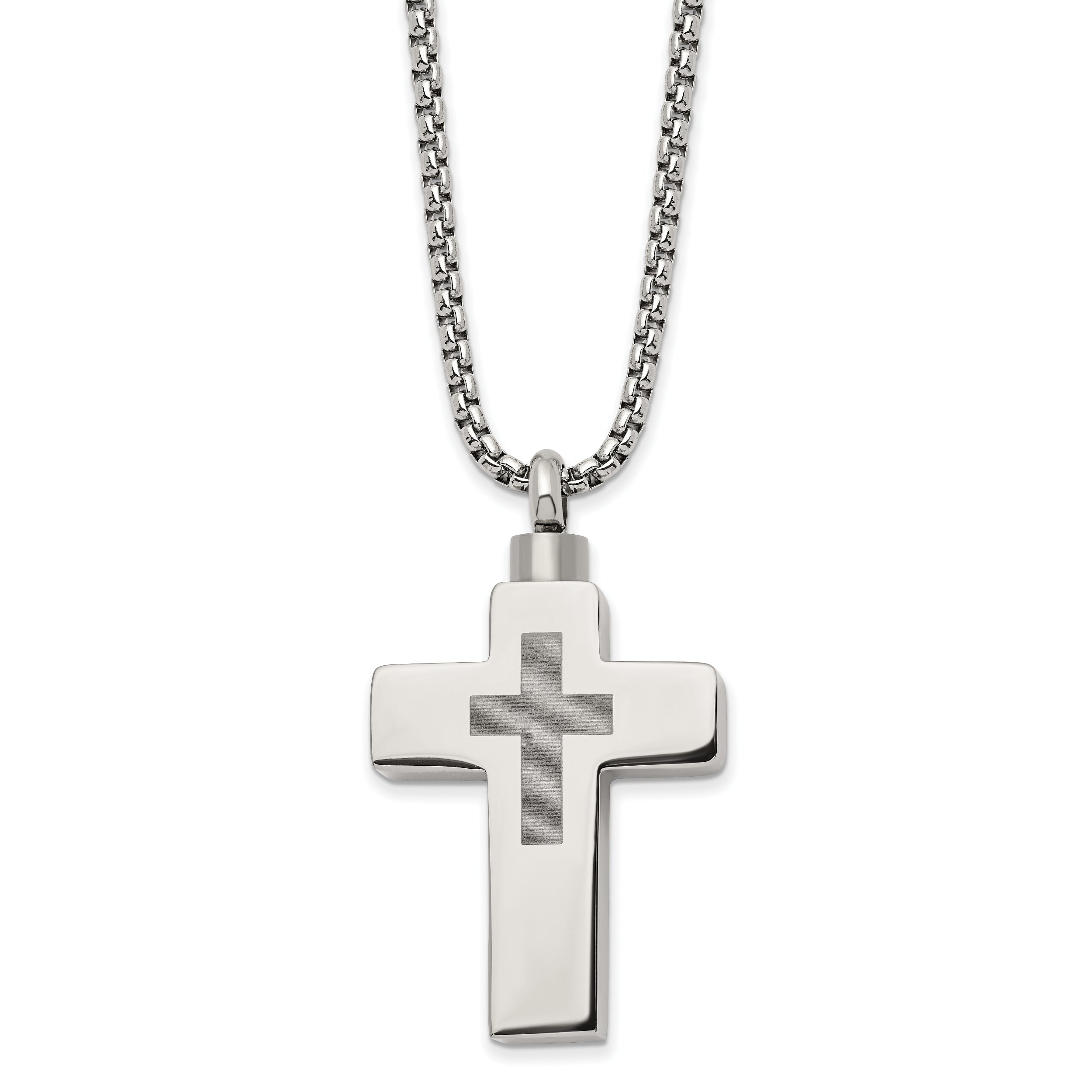 Chisel Stainless Steel Polished and Lasered Cross Ash Holder on a 24in Box Chain Necklace