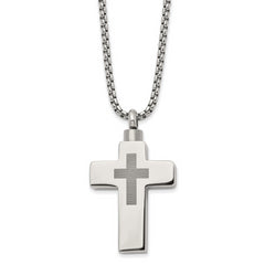 Chisel Stainless Steel Polished and Lasered Cross Ash Holder on a 24in Box Chain Necklace