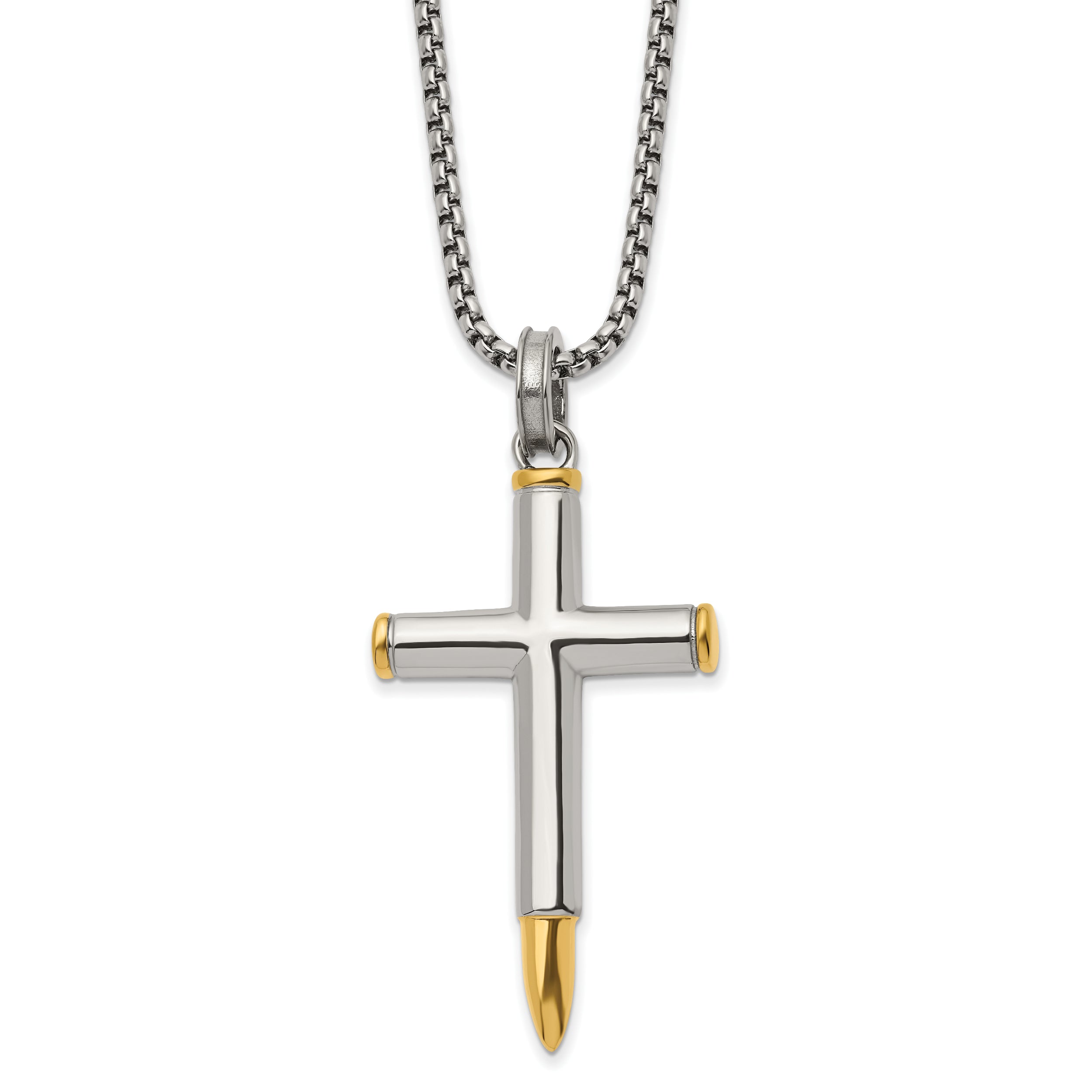 Chisel Stainless Steel Polished Yellow IP-plated Bullet Cross Pendant on a 24 inch Box Chain Necklace