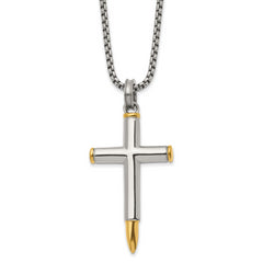 Chisel Stainless Steel Polished Yellow IP-plated Bullet Cross Pendant on a 24 inch Box Chain Necklace
