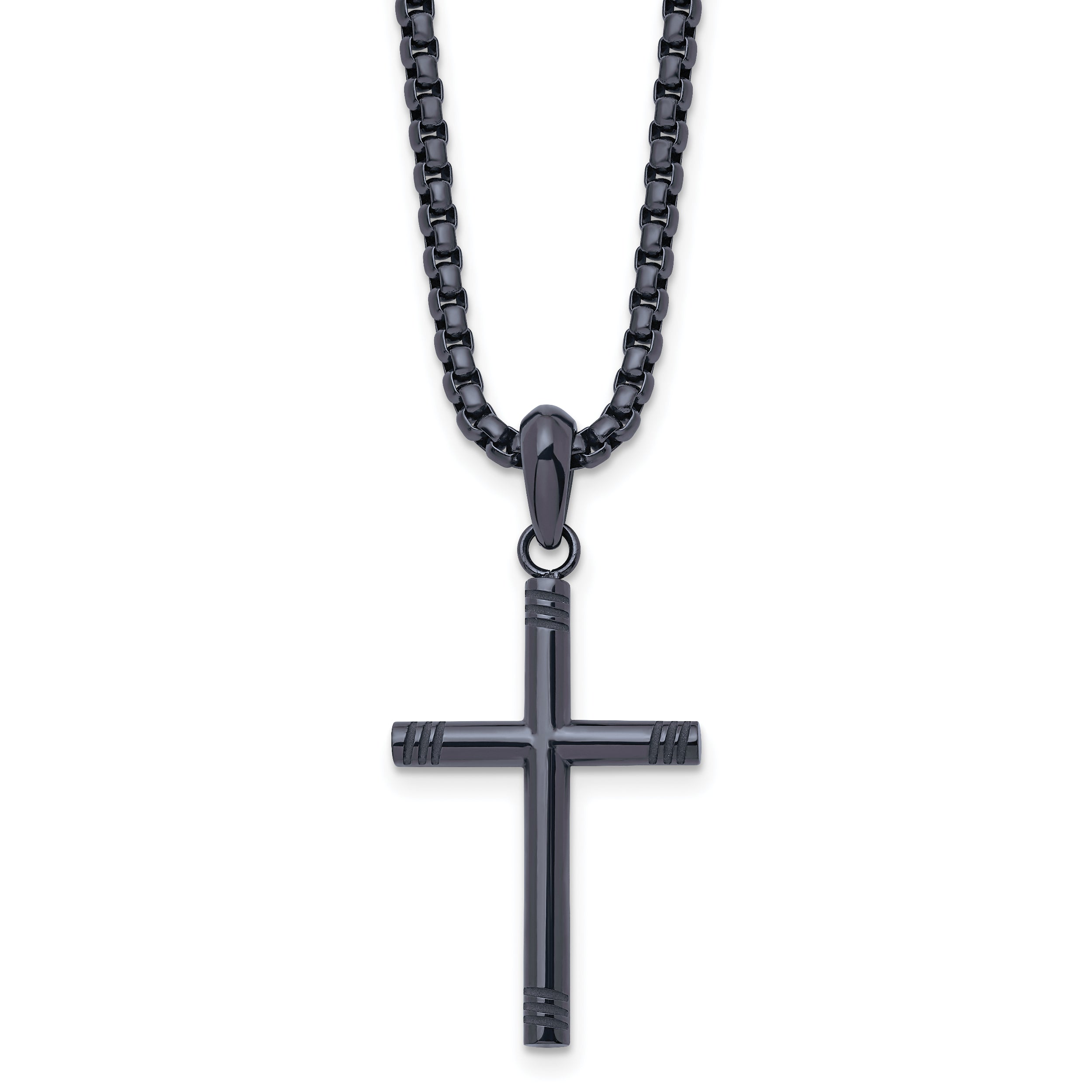 Chisel Stainless Steel Polished Dark Grey IP-plated Cross Pendant on a 24 inch Box Chain Necklace